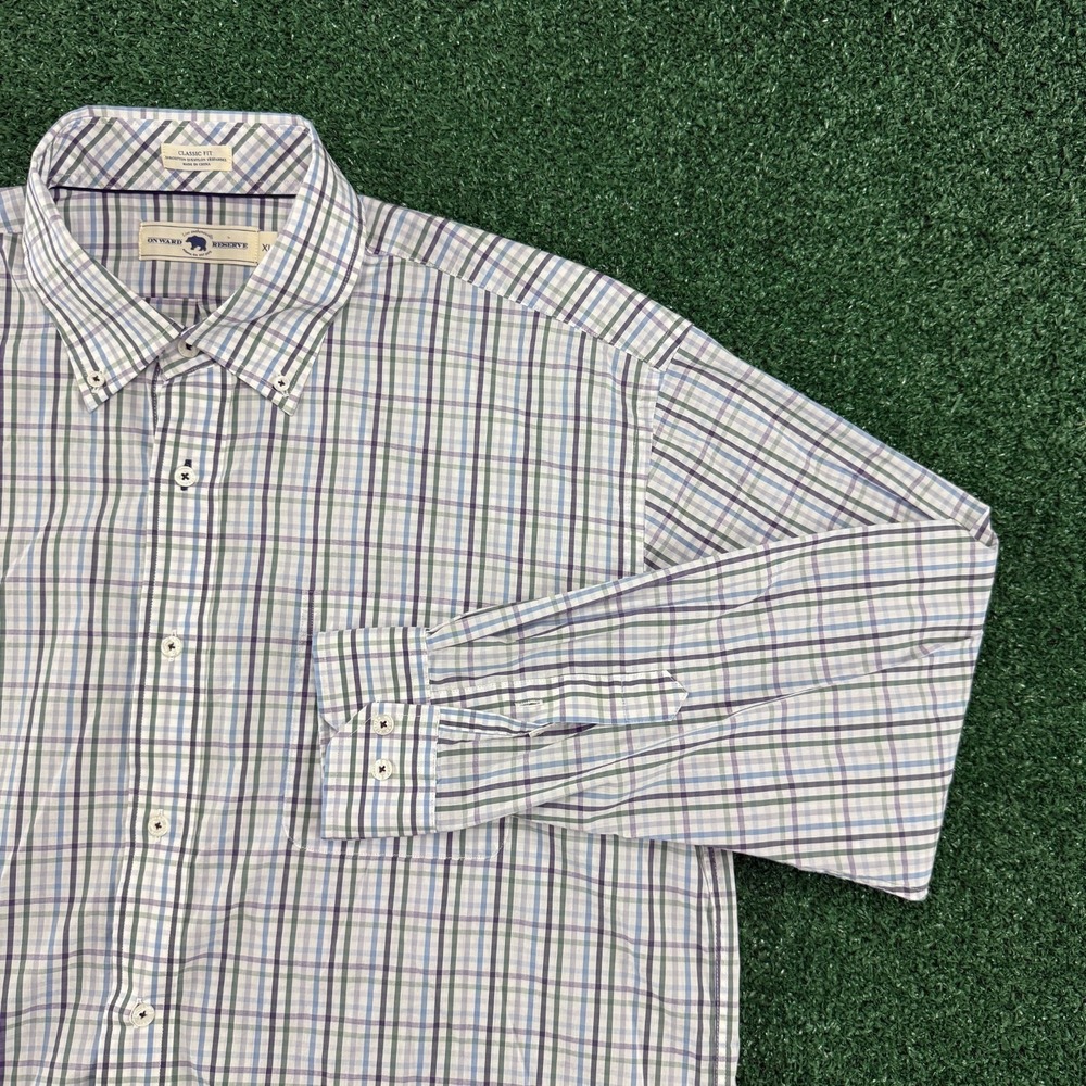 Onward Reserve Classic Fit Men's Long Sleeve Button Shirt Size XL Purple Plaid